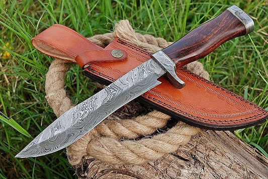 Damascus Steel Bowie Knife, Hunting Knives, Survival Knife & Camping Knife with Rose Wood Handle - Leather Knife Sheath