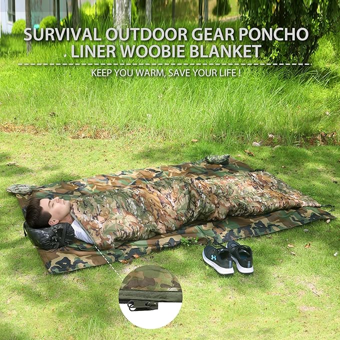 Woobie Blanket, Army Poncho Liner with Zipper, Military Sleeping Bag, with A Compression Carrying Bag, for Hiking, Camping, Outdoor Survival