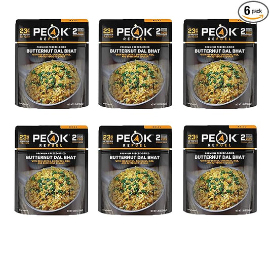 Peak Refuel Butternut Dal Bhat | Freeze Dried Backpacking and Camping Food | Amazing Taste & Quality | High Protein | Real Meat | Quick Prep (6-Pack)