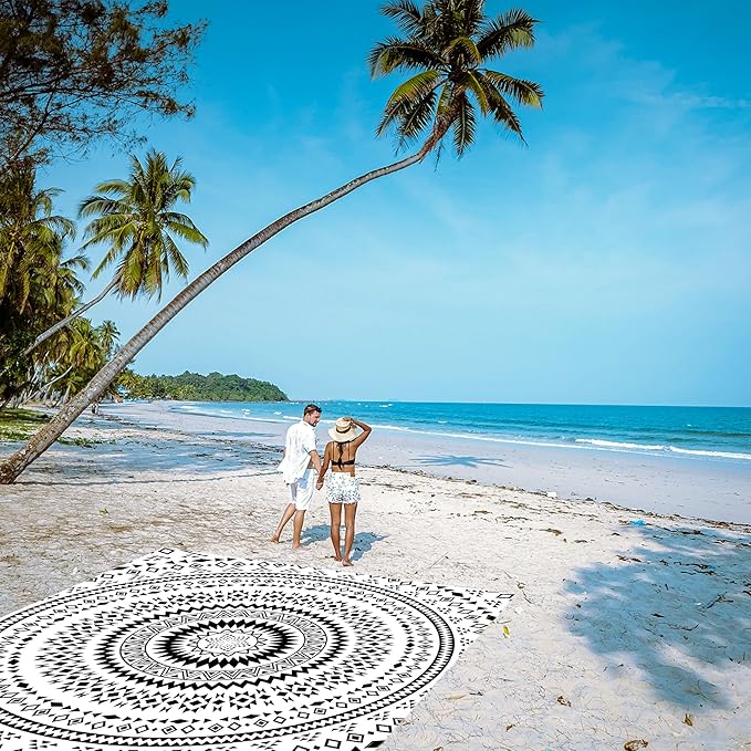 Waterproof Sandproof Beach Blanket, 78"" x 86"" Large Beach Mat for 2-4 Adults, Lightweight Compact Polyester Picnic Blanket for Outdoor, Travel, Camping, Hiking, Beach Essentials, Black Mandala