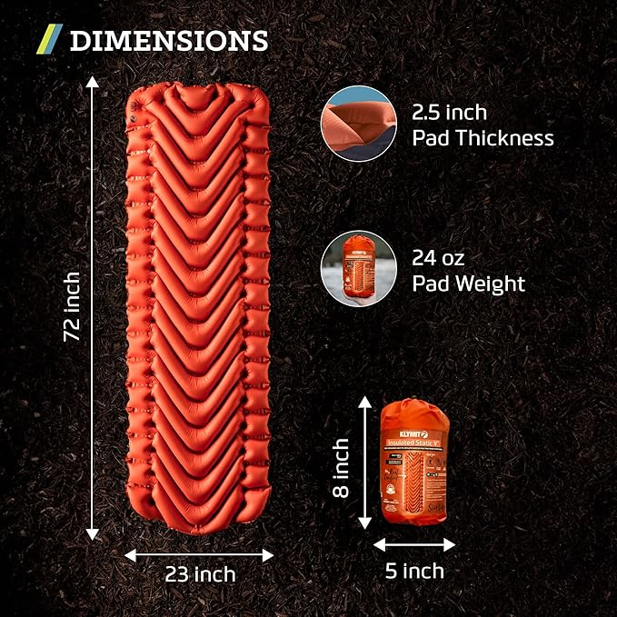KLYMIT Insulated Static V Inflatable Sleeping Pad | Comfortable, Lightweight, Easy to Inflate, Portable Air Bed Mattress for Camping, Backpacking and Hiking — Orange