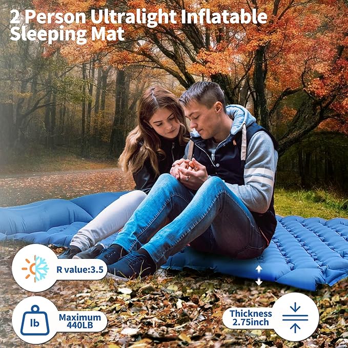 Double Sleeping Pad for Camping, 2 Person Ultralight Inflatable Sleeping Mat with Pillow and Built-in Foot Pump, Portable Camping Mattress for Tent, Backpacking, Hiking, Traveling