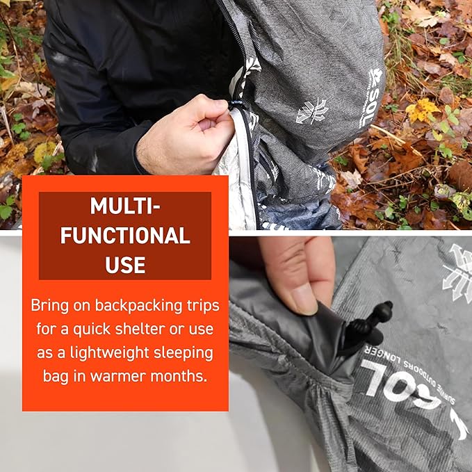 SOL Escape Bivvy with Hood - Emergency Preparedness Blanket - Reflects Up to 70% Body Heat - Outdoor Survival Bivvy - Water Resistant - Durable & Breathable - Winter Camping Supplies - XL, Gray