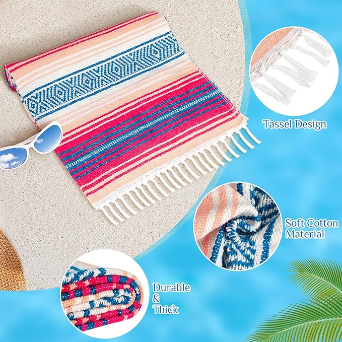 Oudain Mexican Blankets and Throws 45 x 70 Inch, Cotton Outdoor Camping Blanket Woven Serape Yoga Blanket Fiesta Picnic Beach Blankets(Stylish Color, 4 Pack)