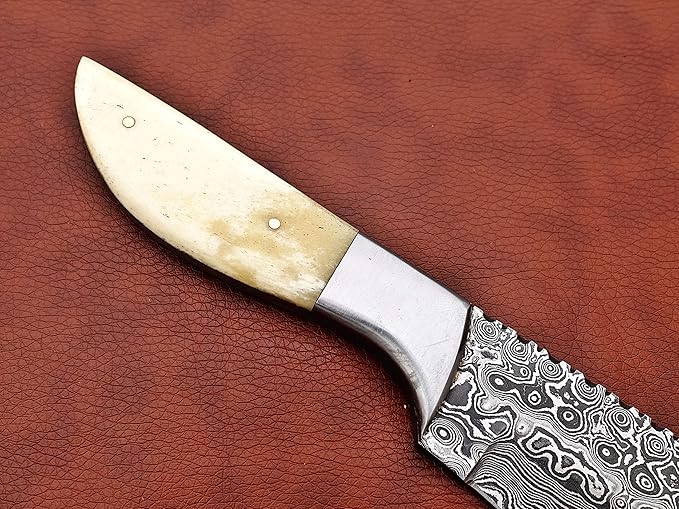 9.5" Walnut wood scale with steel bolster skinning Knife, full tang blade Rain drop pattern straight back hand forged Damascus steel, Cow Leather sheath (White)