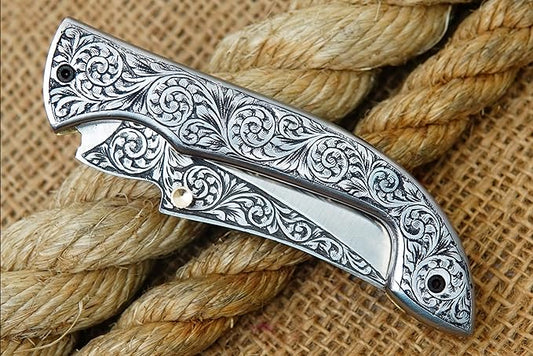 GLADIUS CRAFTS" 9-inch Hand-Crafted Folding Knife - 3-inch D2 Steel Blade with 4-inch Hand-Engraved Stainless Steel Handle - Ideal for Collection, EDC Tool, or any other Practical Use - An Extraordinary Gift