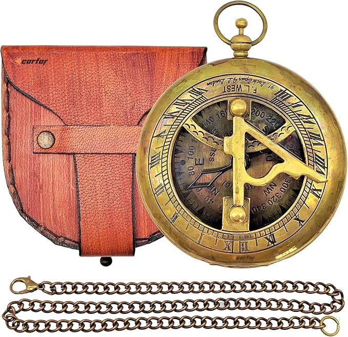 Nautical Sunclock Compass Handmade Solid Brass Vintage Style Sundial Push Open Navigational Compass with Leather Gift Case Best for Your Loved Ones