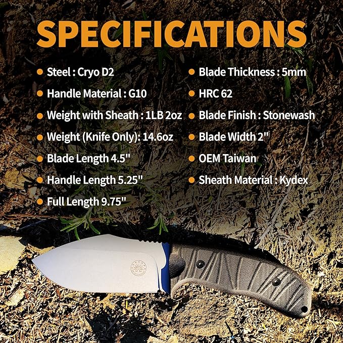 Off-Grid Knives - Alpha-Dog Heavy Duty Fixed Blade Knife, 5mm Thick Cryogenic D2 Blade Steel, Full Tang, G10 Scales, XL Handle