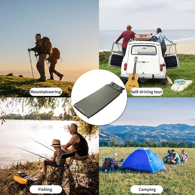 WILD FUN Sleeping Pad for Camping Self Inflating 1.5" Thick Foam Camping Sleeping Pad with Pillow Air Mattress Camping,Backpacking,Hiking