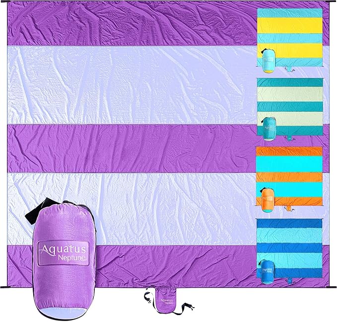 Premium XXL Beach Blanket Sandproof Water Resistant Quick Dry Mat 10ft by 9ft for 1-8 Adults with 4 Metal Stakes, 4 Corner Pockets, Secure Clip and Strap, and Attached Bag