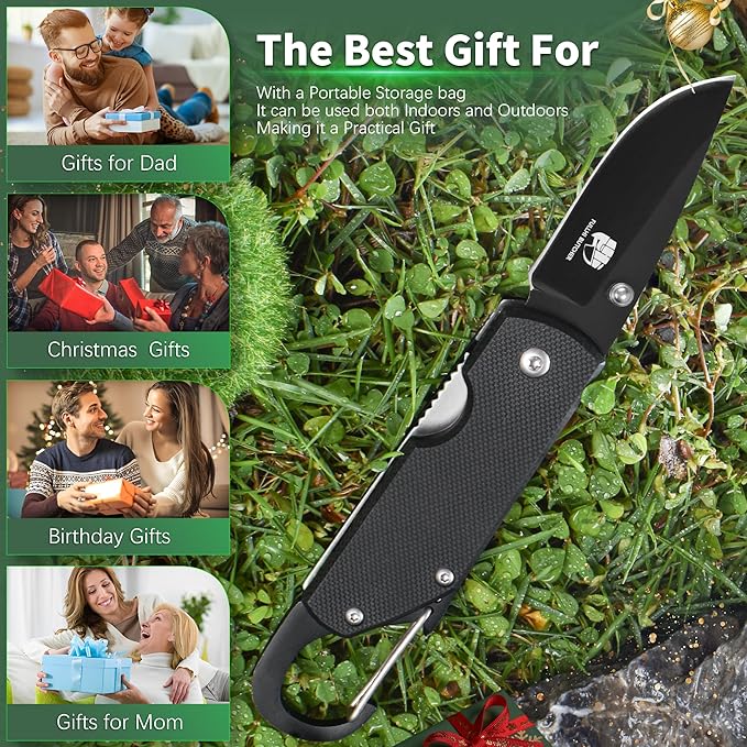 FULLHI Mini Folding Pocket Knife, 2.3" G10 Handle Small Knife with Carabiner Clip for Sharp Camping Survival Hiking Knives ,Gifts for Women Men Birthday Christmas Presents for Mom Dad Friend Gift (AK034)