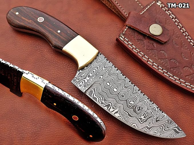 9.5" Long Full Tang Blade Skinning Knife, Rain Drop Pattern Straight Back Hand Forged Damascus Steel, Walnut Wood Scale with Brass Bolster, Cow Leather Sheath (Brown)