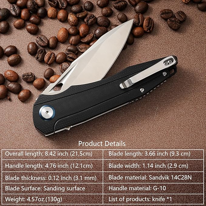Folding Pocket Knife, EDC Knife with 3,66" Blade & G10 Handle Camping Knife with Flipper Opener, Liner Lock, Reversible Clip for Outdoor Men Women Tool