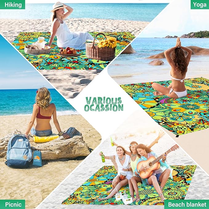 Beach Blanket Waterproof Sandproof 1-7 Adult Oversized 78 '' × 110 '' Lightweight Durable Compact Sand Free Beach Mat for Travel Camping Hiking Picnic Blanket Extra Large