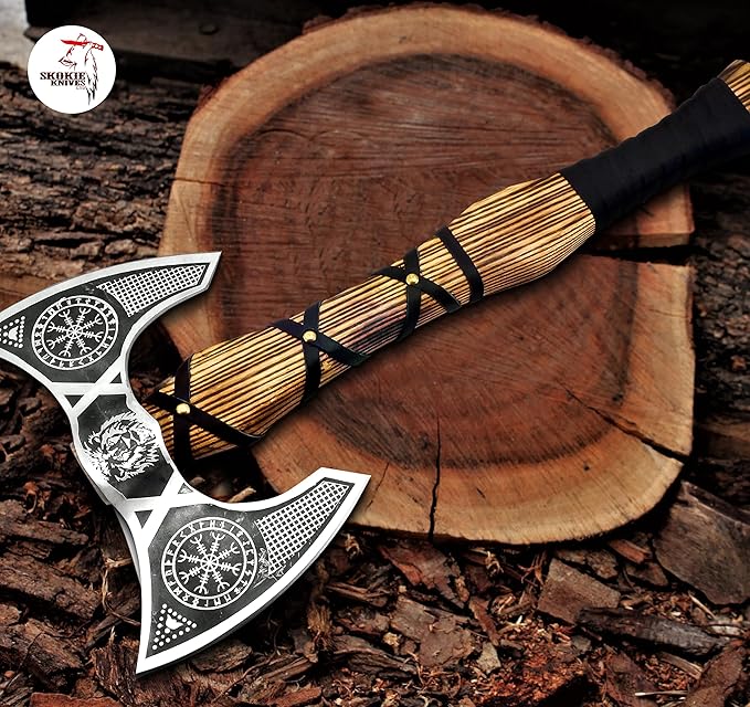 Double Sided Axe | Viking Axe with Solid Wood Handle | Ragnar Axe Hatchet | Unique Camping Hatchet Axe with Forged Steel Structure for Men’s