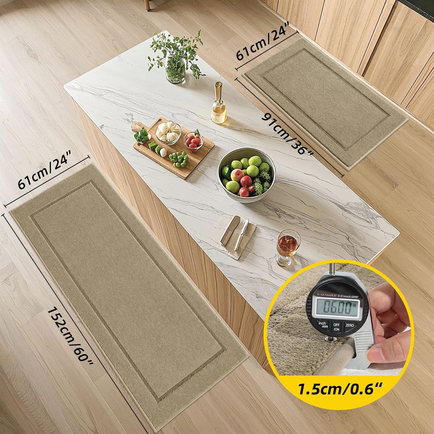 JSEI Non-Slip Kitchen Mats, Self Adhesive No Sliding Kitchen Rugs Set of 2, Washable Absorbent Floor Mat for Kitchen, Bathroom, Laundry Room, Bedroom, 24”x36”+24”x60”, Beige, Rectangular Pattern