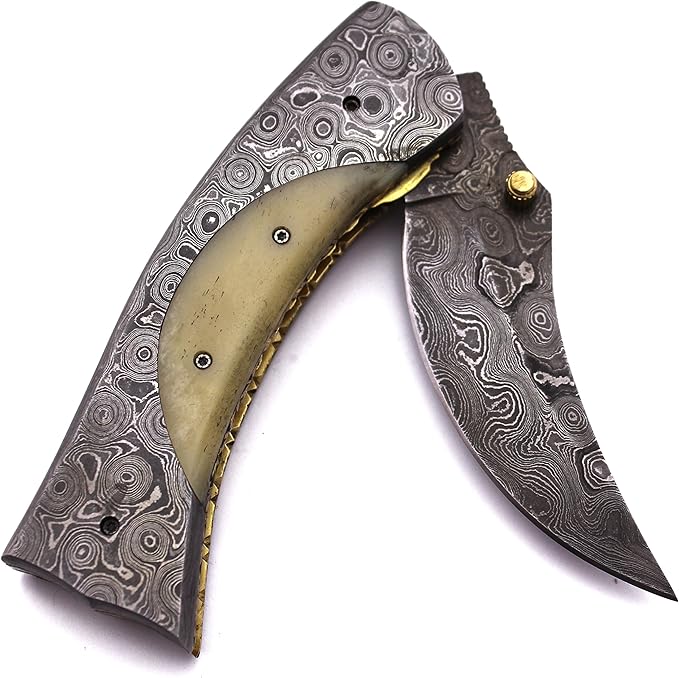 Handmade Damascus Folding Pocket Bowie Knife for Edc,Hunting,Survival,Camping,Bushcraft,Skinning and Fishing with Full Tang Bone Handel and CowHide-Leather Sheath For Men and Women (DCF30 - Ladder)
