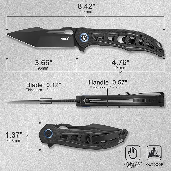 Folding Pocket Knife,3.7" Sandvik 14C28N Steel Tanto Point Blade,G10 Handle,with Clip,EDC Knife, Gifts Pocket Knife for Men Women. (Black PVD Surface)