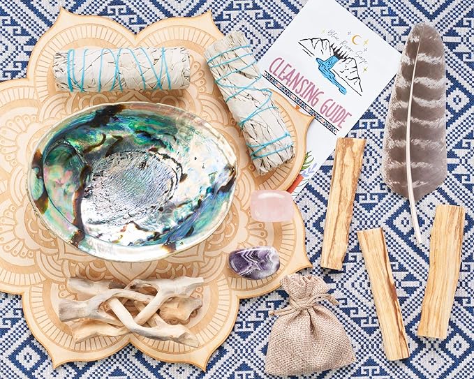 Home Cleansing & Smudging Kit with White Sage, Palo Santo, Abalone & Stand, Smudge Feather & Guide - Smudge Kit with Sage Smudge Sticks