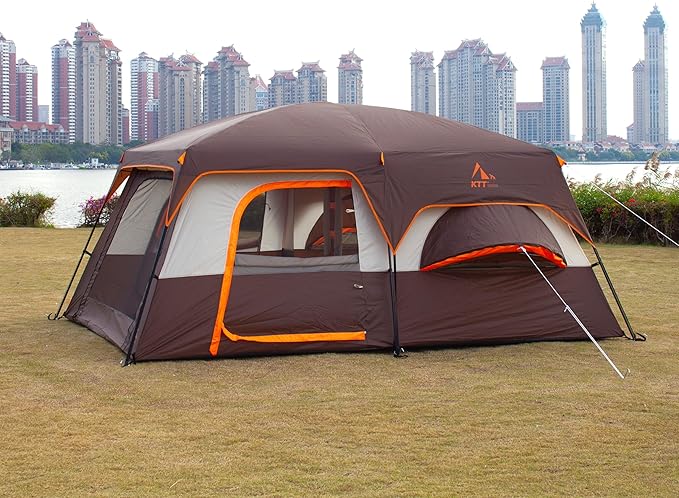 KTT Extra Large Tent 10-12-14 Person(Style-B),Family Cabin Tents,2 Rooms,3 Doors and 3 Windows with Mesh,Straight Wall,Waterproof,Double Layer,Big Tent for Outdoor,Picnic,Camping,Family Gathering