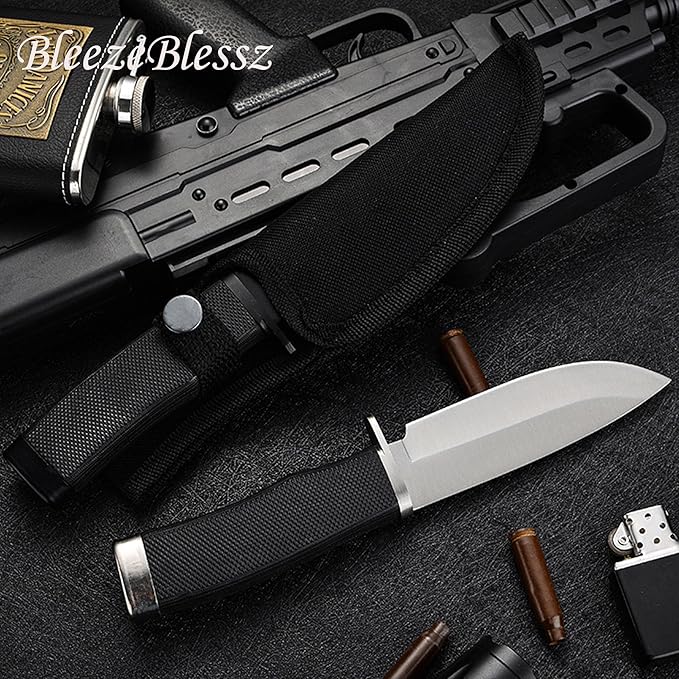 Hunting Knife with Sheath, Handmade Fixed Blade, Full Tang Knife, Non-Slip Red Wood Handle, Survival Tactical Knife, Camping Knife