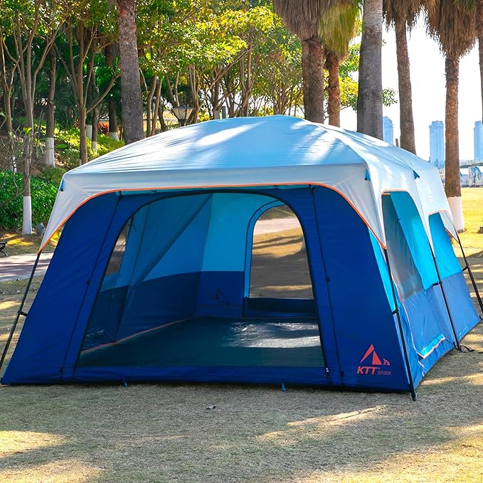 KTT Extra Large Tent 10-12-14 Person(B),Family Cabin Tents,2 Rooms,3 Doors and 3 Windows with Mesh,Straight Wall,Waterproof,Double Layer,Big Tent for Outdoor,Picnic,Camping,Family Gathering
