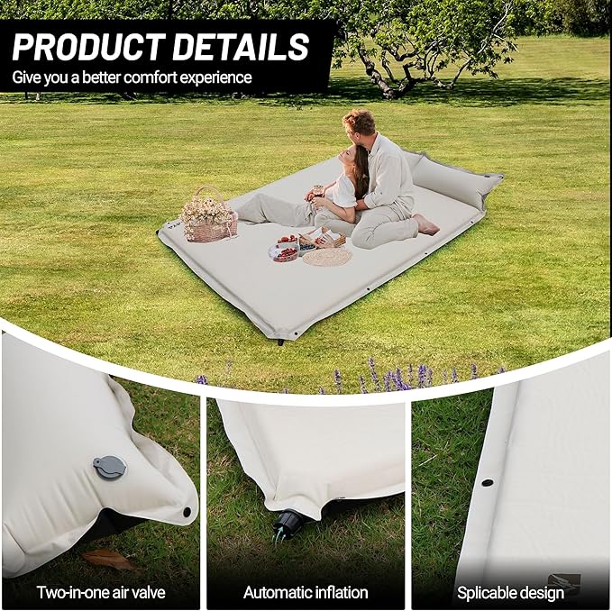 Lightweight Camping Sleeping Pad Inflatable Sleeping Mat Compact Camping Air Mattress with Pillow 2 Person Backpacking Foam Sleeping Pad