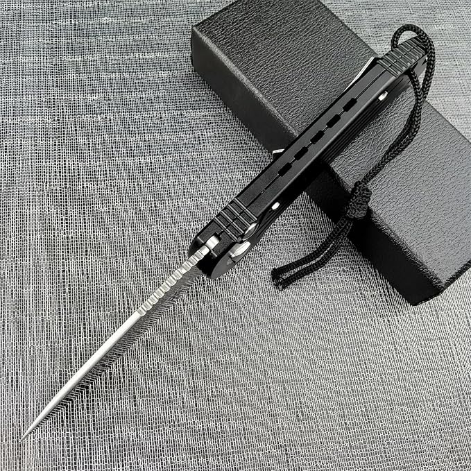 7.95 Inch Tactical Folding Knife, 8Cr13MoV Stonewashed Blade Black Aviation Aluminum Handle, Push Button Opening Outdoor Knife, SpeedSafe Assisted Survival Knife With Pocket Clip