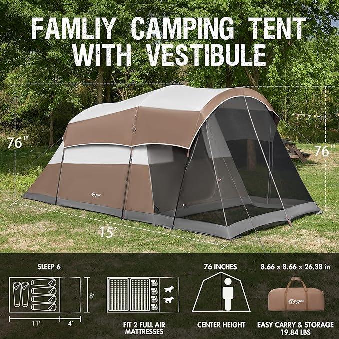 PORTAL 6/8/10 Person Family Camping Tent with Screen Room, Water Resistant Big Tunnel Tent with Rainfly, Large Family Tent for Outdoor Camping, Party