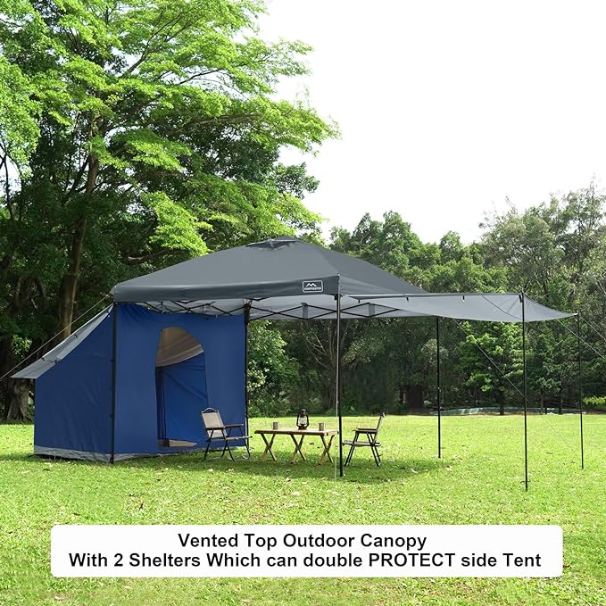 KAMPKEEPER 10x10 pop up Canopy Tent with 2 sidewalls Silver-Coated,Outdoor Canopy Tent for Parties with 2 Shelters,with 4 Poles, 4 Sandbags,8 Ropes,12 Stakes,and 1 Roller Bags