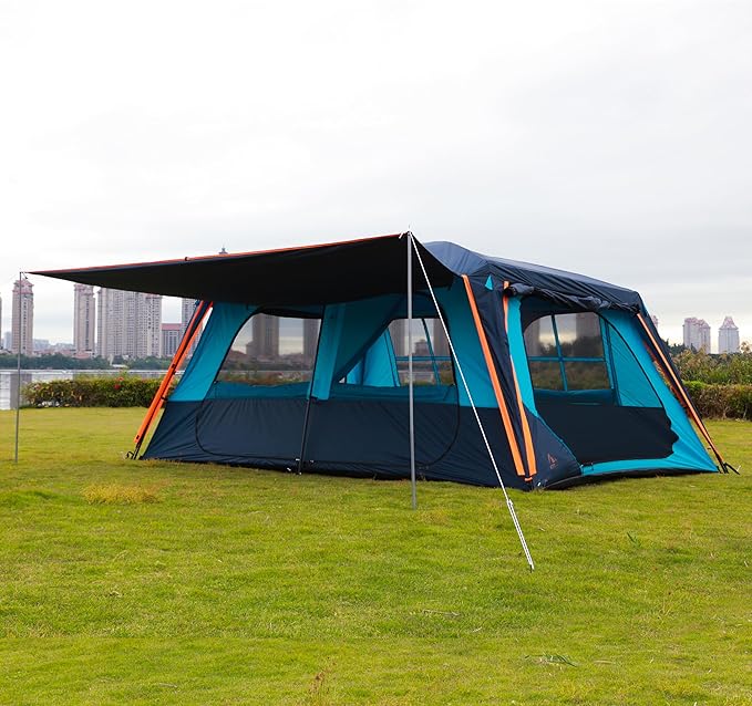 KTT Extra Large Tent 10-12-14 Person(B),Family Cabin Tents,2 Rooms,3 Doors and 3 Windows with Mesh,Straight Wall,Waterproof,Double Layer,Big Tent for Outdoor,Picnic,Camping,Family Gathering