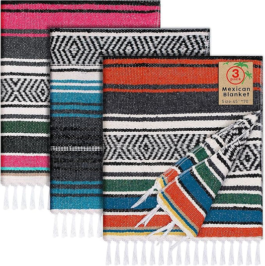 Oudain Mexican Blankets and Throws 45 x 70 Inch, Cotton Outdoor Camping Blanket Woven Serape Yoga Blanket Fiesta Picnic Beach Blankets(Exquisite Color, 3 Pack)