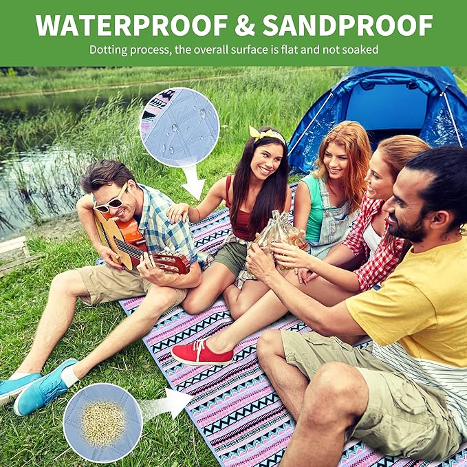 Picnic Blankets, Waterproof & Sandproof Picnic Blanket 3 Layers Thickened for Water-Resistant Handy Mat, 79" x 57" Cotton Camping Blankets for Beach, Camping, Park, Travel, Grass (Pink)