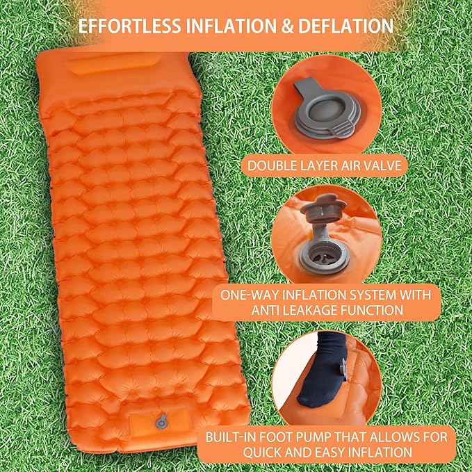 Inflatable Sleeping Pad for Camping, 77''X26'', Sleeping Mat with Built-in Pump, Airpad, Carry Bag, Repair Kit - Compact & Lightweight Air Mattress for Camping Hiking Backpacking (Orange)