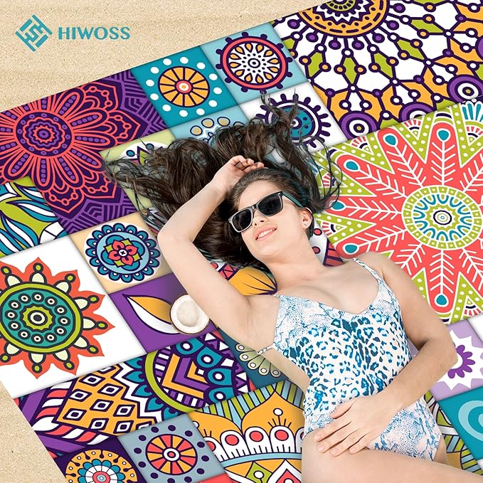 Beach Blanket Waterproof Sandproof Oversized 95”x 80”,Sand Free Beach Mat with Corner Pockets,Portable Mesh Bag for Beach Festival,Picnic,Travel and Outdoor Camping (Moroccan Myst)