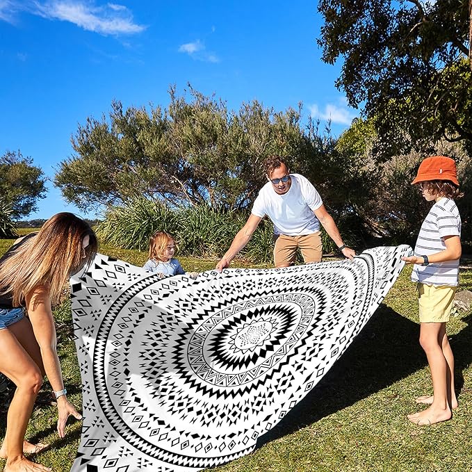 Waterproof Sandproof Beach Blanket, 78"" x 86"" Large Beach Mat for 2-4 Adults, Lightweight Compact Polyester Picnic Blanket for Outdoor, Travel, Camping, Hiking, Beach Essentials, Black Mandala