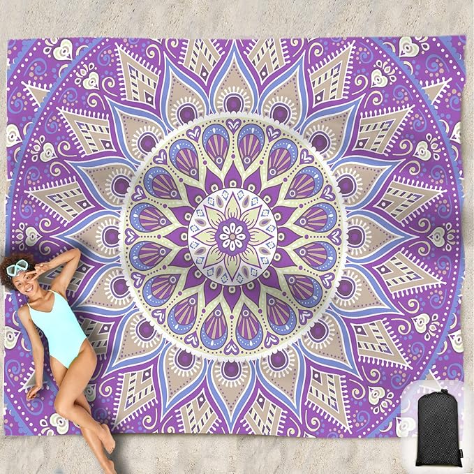 Beach Blanket Waterproof Sandproof Oversized 95”x 80”,Sand Free Beach Mat with Corner Pockets,Portable Mesh Bag for Beach Festival,Picnic,Travel and Outdoor Camping (Purple)
