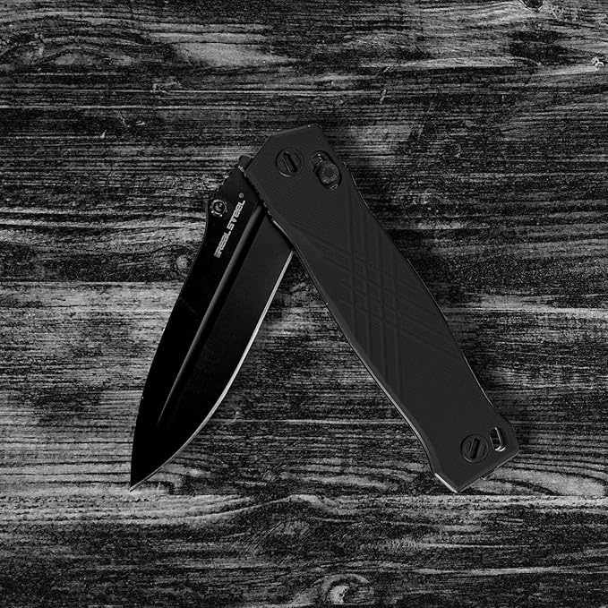 Real Steel Muninn Slide Lock Folding Pocket Knife - 3.62" VG-10 Black Blade, Milled Black G10 Handle - Perfect for Camping, Hiking, Daily Cutting Tasks - EDC Knife for Men Women - Black