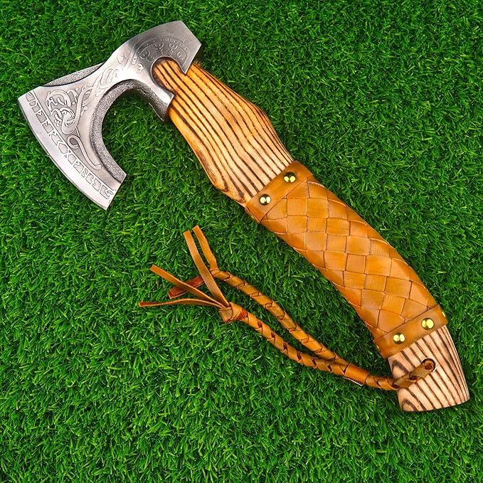 H&A CRAFTS® Viking Axe The Ragnar Lothbrok Real, and Custom Crafted with Leather Sheath Carbon Steel Camping Hatchet Personalized Gifts for Men (Runes Viking Axe)