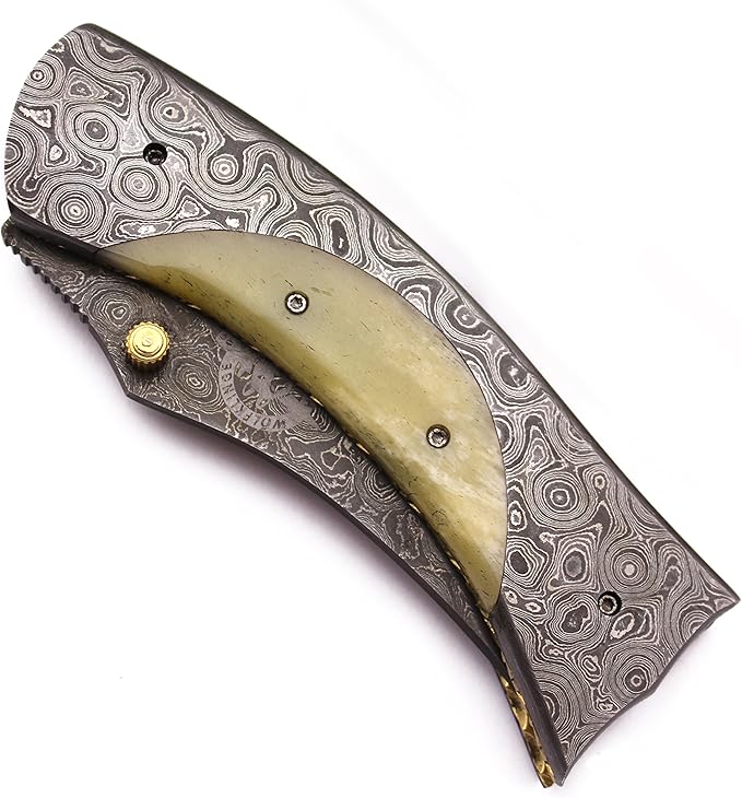 Handmade Damascus Folding Pocket Bowie Knife for Edc,Hunting,Survival,Camping,Bushcraft,Skinning and Fishing with Full Tang Bone Handel and CowHide-Leather Sheath For Men and Women (DCF30 - Ladder)