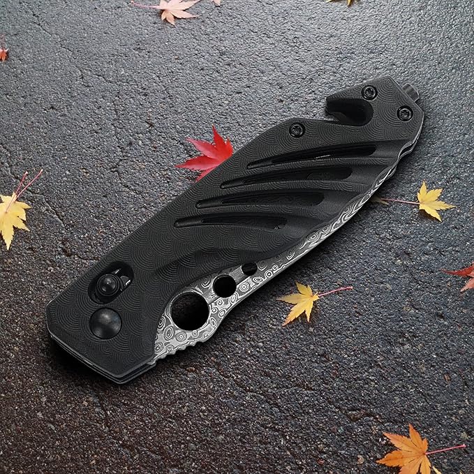 Gifts for Dad Men,Axis Lock Camping Pocket Knife with Damascus Steel Blade,Glass Breaker,Seatbelt Cutter