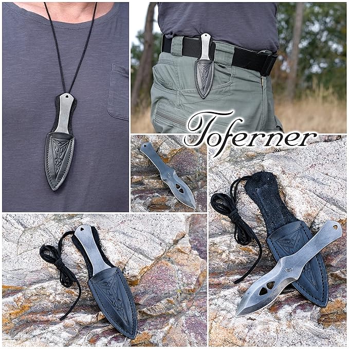 Toferner Hand Forged Sports Knife Markmanship with Leather Neck Case, Vintage Sports Knife with Sheath, Hardened Blade, Hand Made Craft, Gift Idea for Men