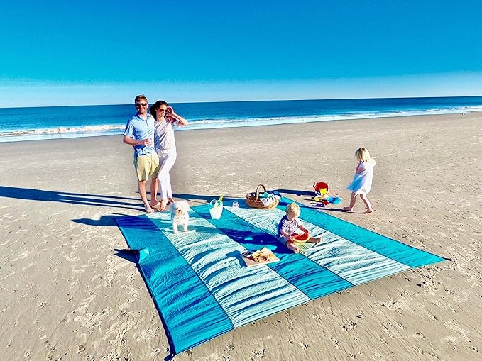 Premium XXL Beach Blanket Sandproof Water Resistant Quick Dry Mat 10ft by 9ft for 1-8 Adults with 4 Metal Stakes, 4 Corner Pockets, Secure Clip and Strap, and Attached Bag