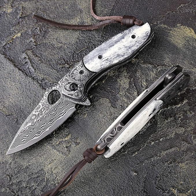handmade damascus steel pocket knife with leather sheath,liner lock bone handle,japanese vg10 core 2.8in blade,folding knives for camping and fishing,edc for men and women