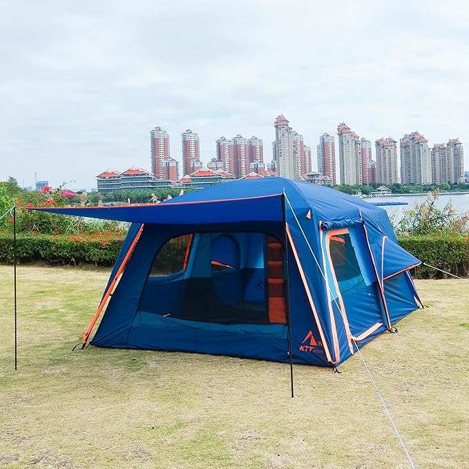 KTT Extra Large Tent 10-12-14 Person(Style-B),Family Cabin Tents,2 Rooms,3 Doors and 3 Windows with Mesh,Straight Wall,Waterproof,Double Layer,Big Tent for Outdoor,Picnic,Camping,Family Gathering