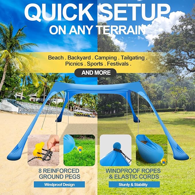 Buheco Beach Tent Pop Up Shade 10x10ft Beach Canopy Sun Shelter UPF50+ with 4 Foldable Poles-Portable Carrying Bag-Sand Shovel-Ground Pegs-Windproof Ropes for Outdoor Family Camping-Fishing-Picnic