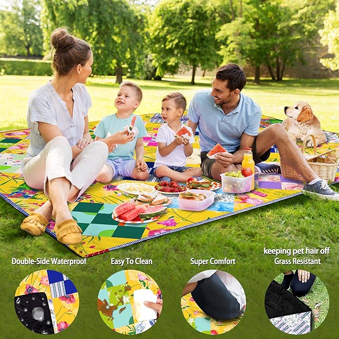 Picnic Blankets Beach Blanket 80" X 60" Extra Large Waterproof Camping Blankets Portable Outdoor Mat 3-Layer blanket for Beach, Hiking, Park, Music Festival, Grass Lawn,Travel