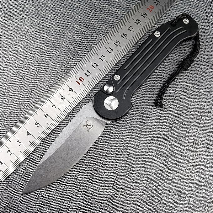 7.95 Inch Tactical Folding Knife, 8Cr13MoV Stonewashed Blade Black Aviation Aluminum Handle, Push Button Opening Outdoor Knife, SpeedSafe Assisted Survival Knife With Pocket Clip