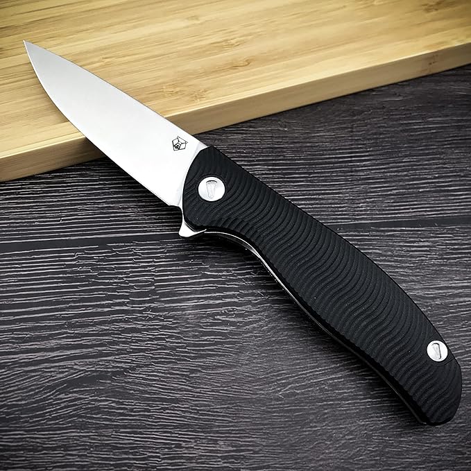 HUAAO Folding Knife, 3.7'' D2 Steel Blade with G10 Handle, Pocket Knife with Clip EDC Flipper Knife for Outdoor Camping Survival (black)