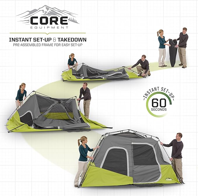 CORE Instant Cabin Tents | 6 Person / 9 Person / 10 Person / 12 Person Family Cabin Multi Room Pop Up Tents Car Camping | Included Storage Pockets for Camping Accessories
